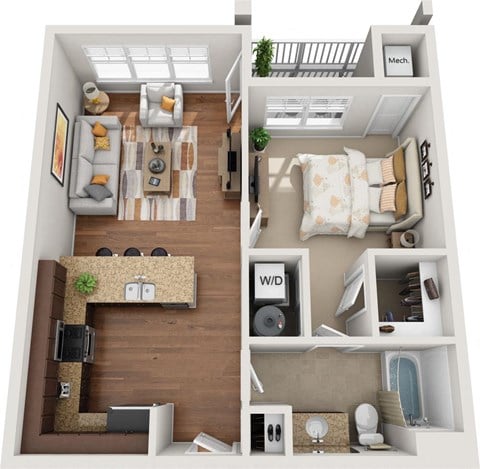 Floor plan for 1 bed, 1 bath, 696 sqft